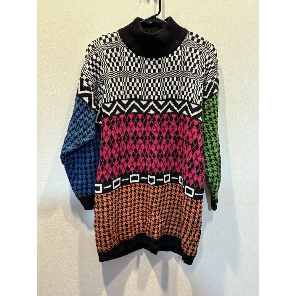 Vintage Womens Tunic Sweater Medium Neon Houndstooth Argyle Geometric 80s 90s